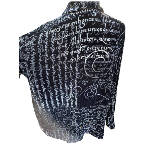 Vintage 90s Black Velvet Burnout Script Print Top Silk Blend Semi Sheer Boho L - Picture 10 of 16